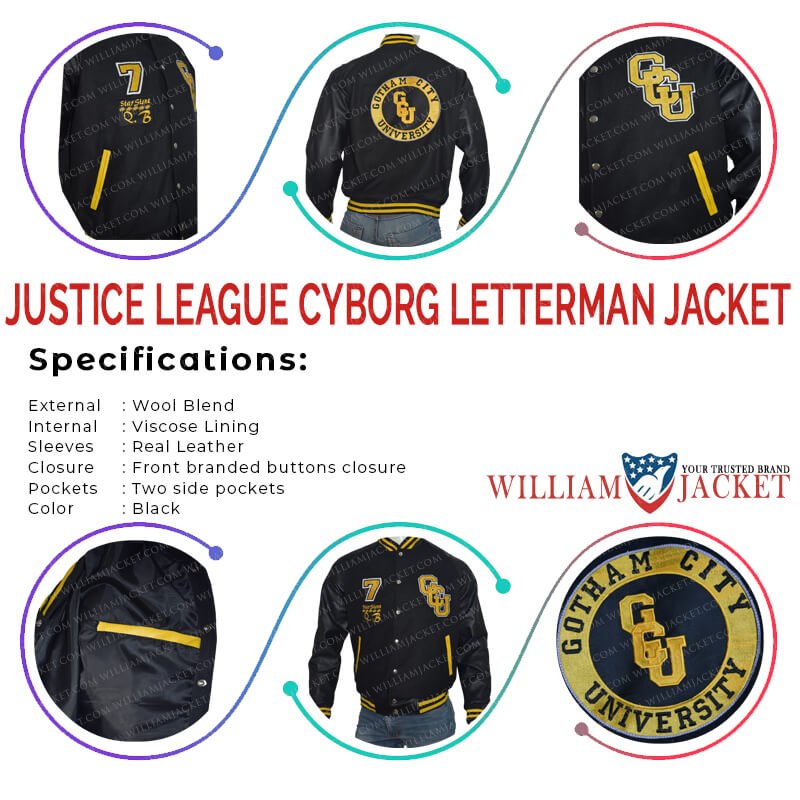 Justice League Cyborg Black Mens Varsity Letterman Jacket