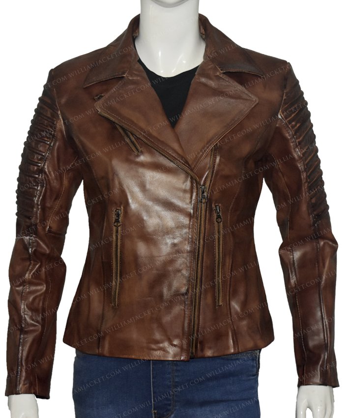 Women Biker Slim Fit Waxed Leather Brown Jacket | William Jacket