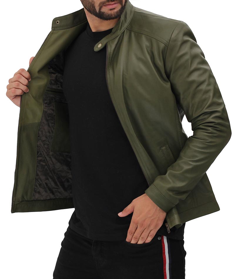 Fano Mens Olive Green Slimfit Leather Biker Jacket - William Jacket