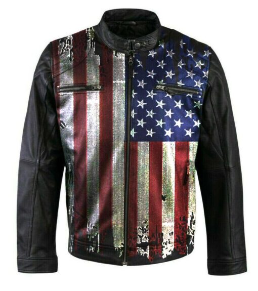 Men & Women Vintage USA Flag Biker Black Leather Jacket Front