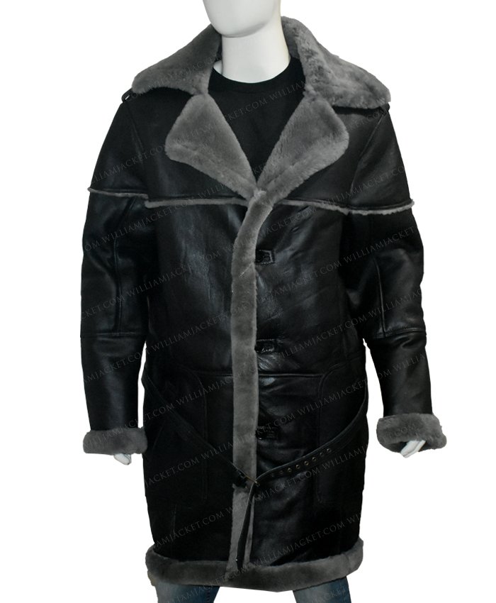 Mens Long Shearling Sheepskin Coat in Black Color with Wide Grey