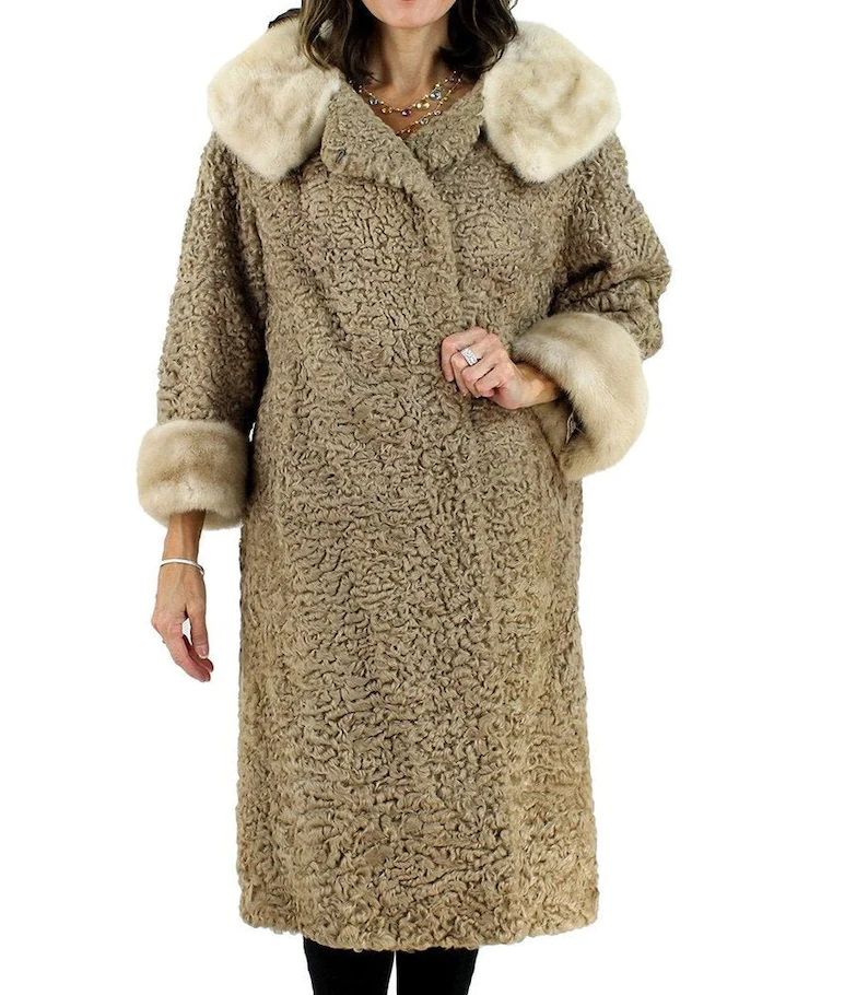 Astrakhan Lamb Mink Fur Collar Coat For Women