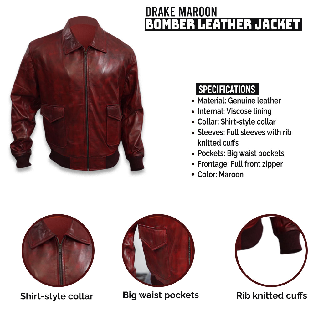 Drake Maroon Bomber Maroon Leather Jacket