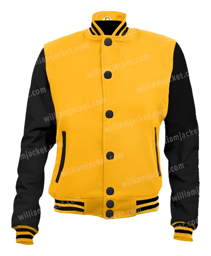 Black Wool Varsity Jacket for Men with Sleek Leather Sleeves