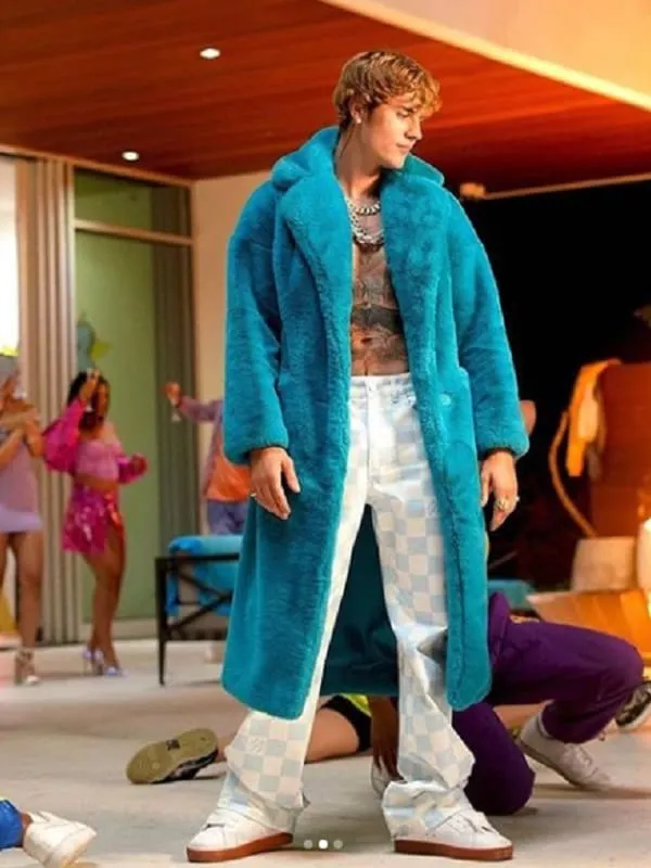 Justin Bieber Long Blue Fur Coat - Affordable Price | William Jacket
