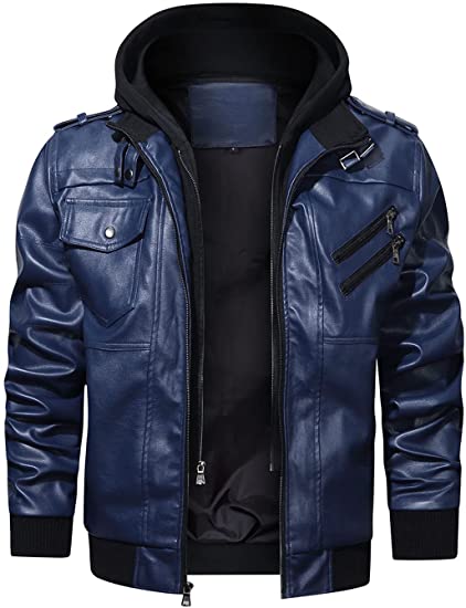 Kired Reversible Leather Bomber Jacket in Navy Blue