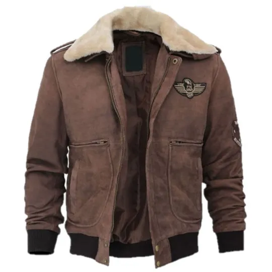 Top Gun Fur Collar Brown Bomber Suede Jacket - William Jacket