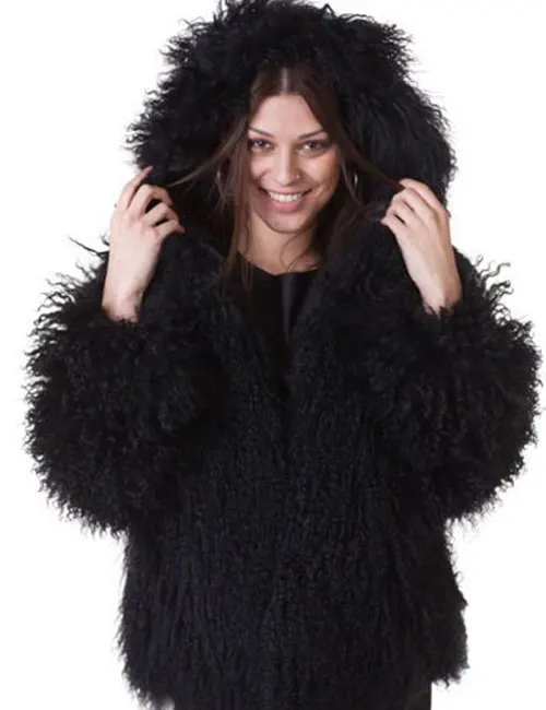 Womens Black Mongolian Lamb Fur Hooded Coat - William Jacket