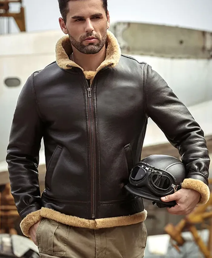 Men's Shearling Leather Jacket Light Brown B3 Jacket (XS, Brown