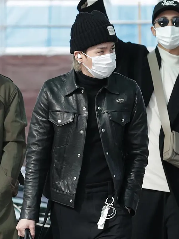 BTS Suga Asymmetrical Zipper Black Biker Leather Jacket