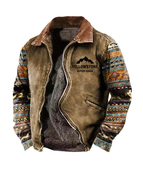 Yellowstone Vintage Western Printed Leather Warm Jacket
