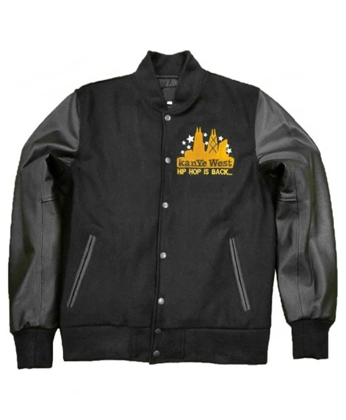 Buy Kanye West Silver Sleeve Black Teddy Varsity Leather Jacket