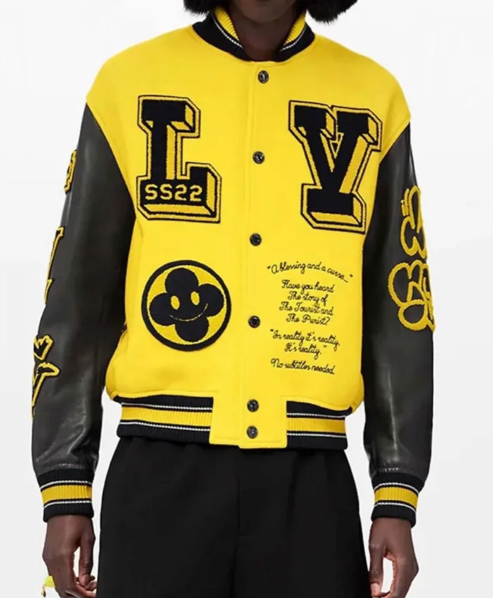 Louis Vuitton Black Leather Sleeves Yellow Varsity Jacket