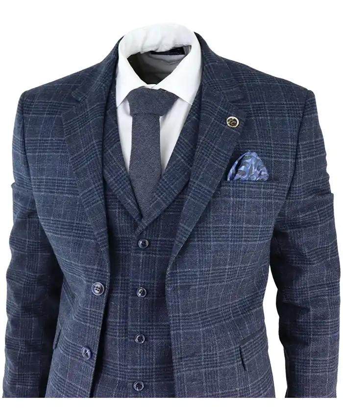 Jaylen 3 Piece Blue Check Vintage Classic Suit For Sale