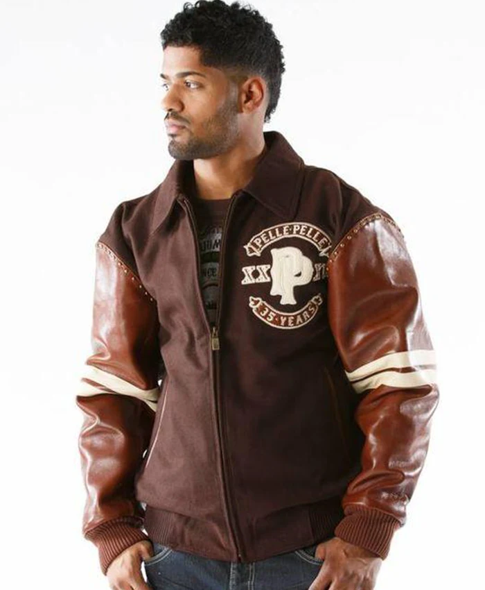 Men's Wool Brown Varsity Jacket with Black Leather Sleeves
