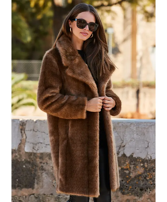 Mid-Length Brown Faux Fur Vest Beige L