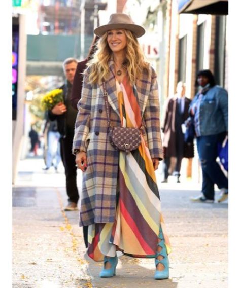 WornOnTV: Carrie's plaid coat and stripe dress on And Just Like