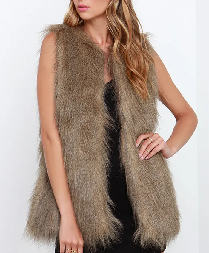 Faux Fur Vest Hip Length in Brown Wolf Style: FVA503 