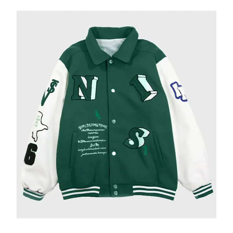 Spine Spark Forest Green Wool Varsity Jacket White Leather Sleeves