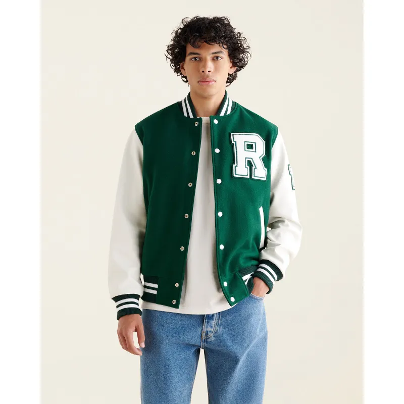 Green Woollen Faux Leather Sleeves Letterman Varsity Jacket