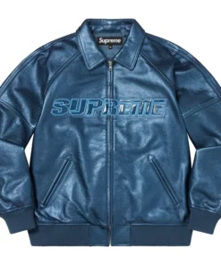Supreme Silver Surfer Leather Varsity Jacket Blue