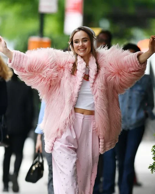 Suki Waterhouse NYC Furry Pink Jacket