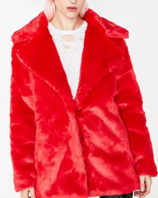 8 Ball Logo Printed Red Fur Jacket