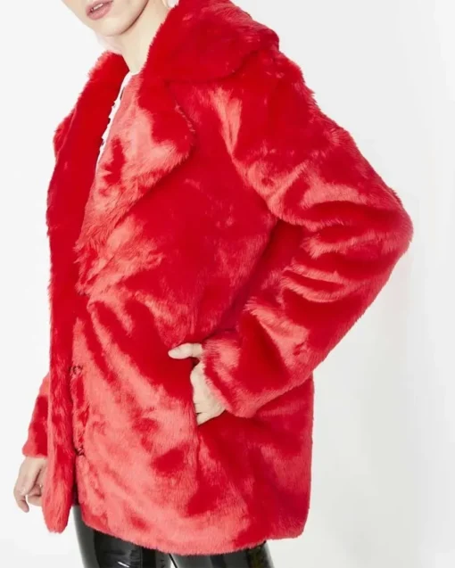 Buy 8 Ball Logo Printed Red Fur Jacket