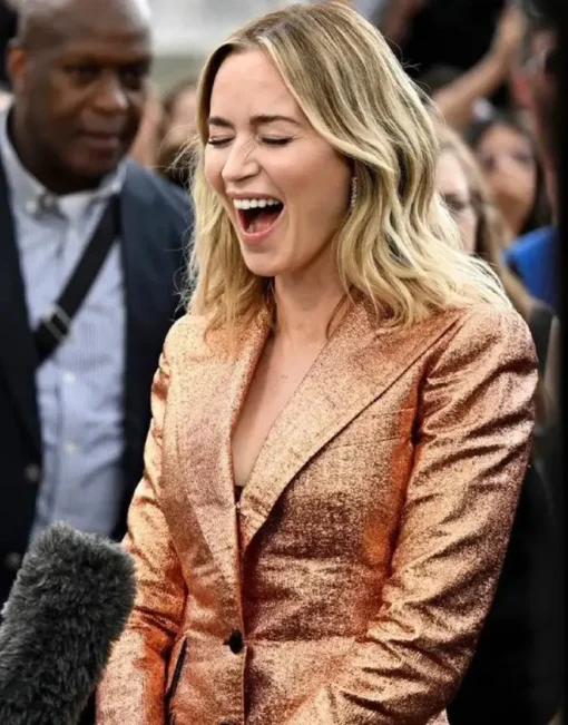 Emily Blunt Movie Oppenheimer 2023 London Premiere Golden Suit