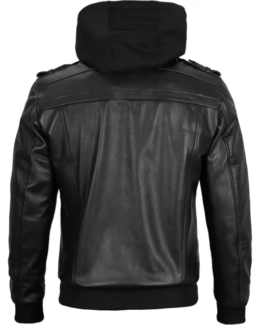 Kevin Hooded Genuine Leather Black Bomber Jacket On Sale