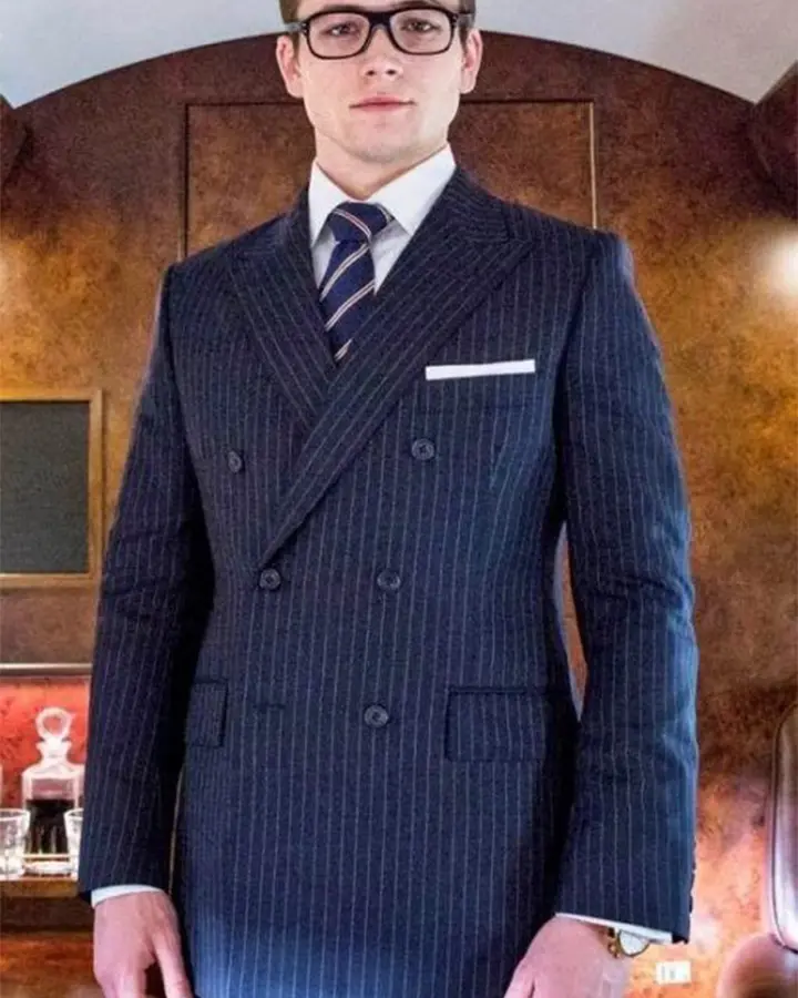 Taron Egerton Kingsman Eggsy Double Breasted Navy Blue Suit 