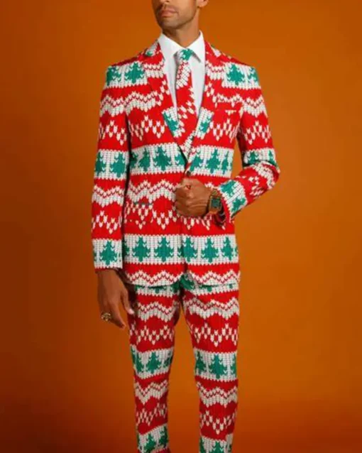 Knit Print Red Green and White Christmas Suit