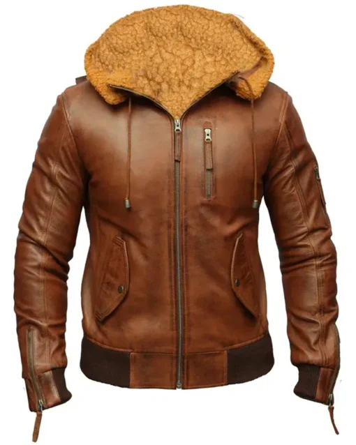 Mens Biker Retro Brown Detach Hooded Fur Collar Jacket