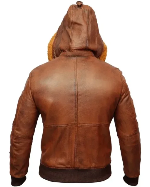 Mens Biker Retro Brown Detach Hooded Fur Collar Jacket Back