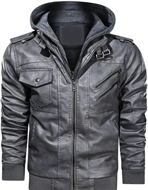 Mens Motorcycle Bomber Removable Hood Grey Leather Jacket