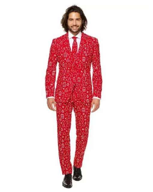 Mens White Stamp Printed Red Christmas Suit