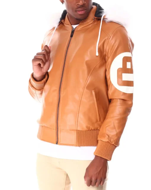 Unisex 8 Ball Orange Fur Hooded Leather Jacket On Sale