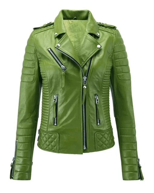 Womens Moto Biker Lambskin Leather Green Jacket