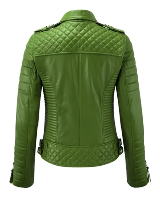 Womens Moto Biker Lambskin Leather Green Jacket Back