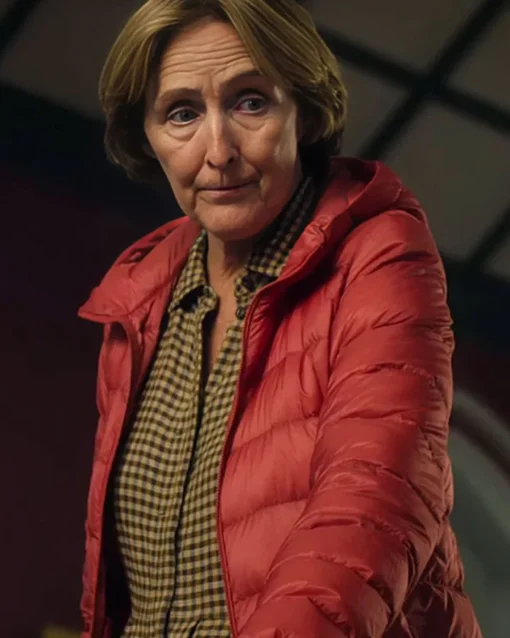 Bad Sisters S02 Fiona Shaw Red Puffer Jacket