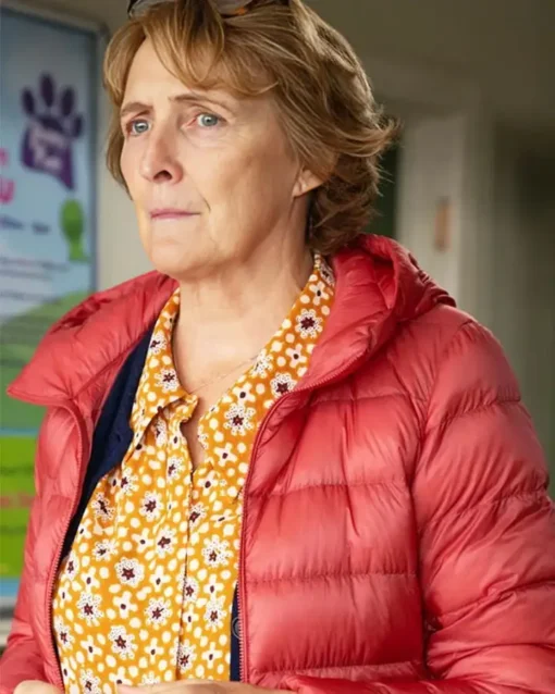 Bad Sisters S02 Fiona Shaw Red Puffer Jacket For Sale