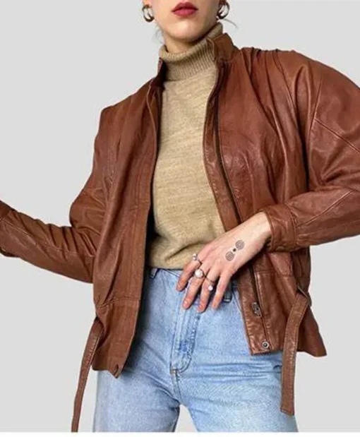 Brown Zip Closure 90s Vintage Leather Jacket