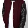 Burgundy Varsity Jacket With Leather Sleeves