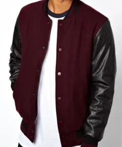 Burgundy Varsity Jacket With Leather Sleeves