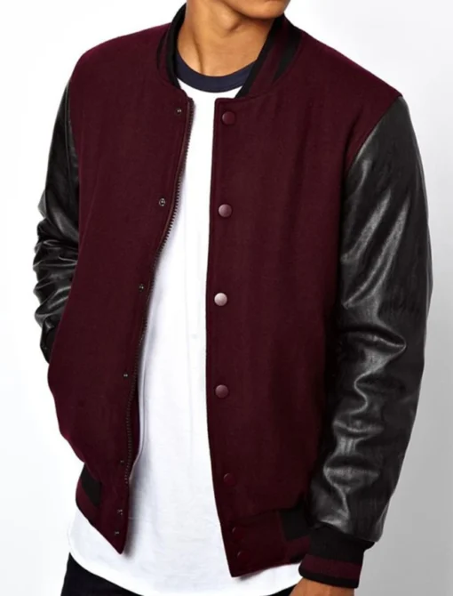 Burgundy Varsity Jacket With Leather Sleeves