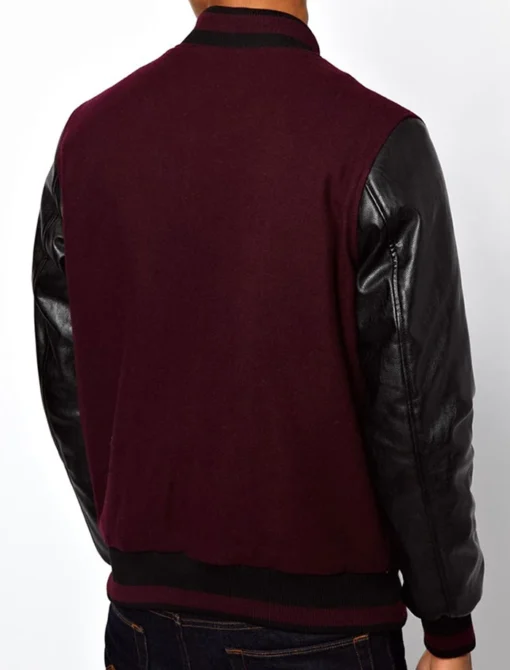 Burgundy Varsity Jacket With Leather Sleeves Back