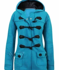 Elis­a­beth Moss The Hand­maid­’s Tale Blue Hooded Coat Front