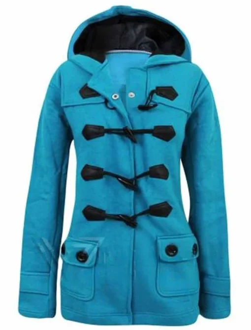 Elis­a­beth Moss The Hand­maid­’s Tale Blue Hooded Coat Front