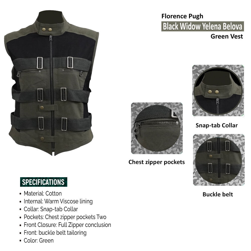 Florence Pugh Black Widow Yelena Belova Green Vest Infographics