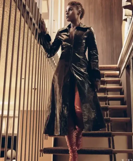 Issa Rae The Lovebirds Black Long Leather Coat